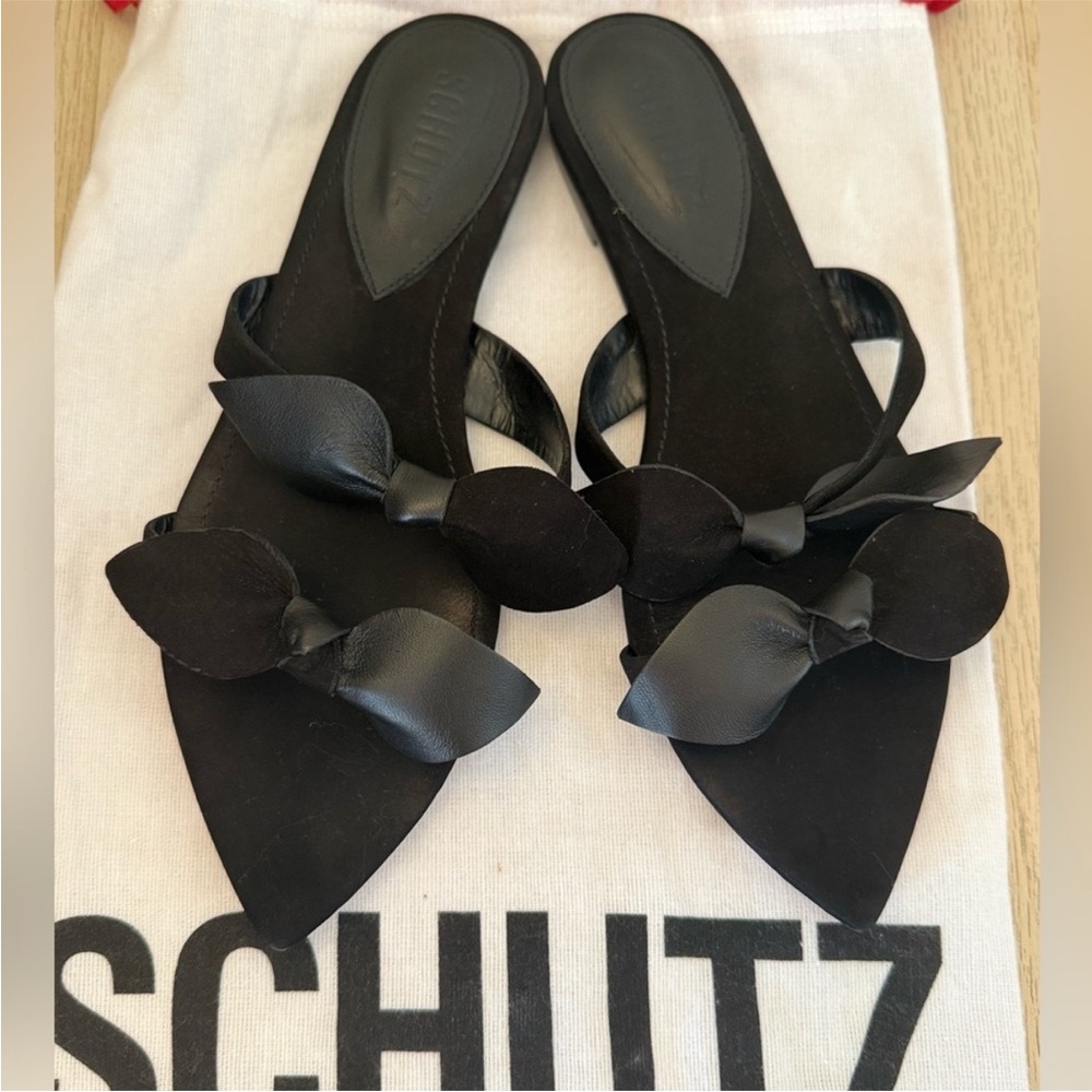 SCHUTZ Black Leather & Suede Bow Slide Sandals